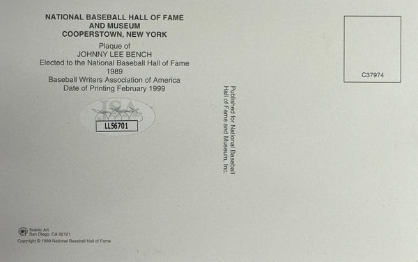 Johnny Bench Autographed Baseball Hall of Fame Plaque Postcard (JSA)