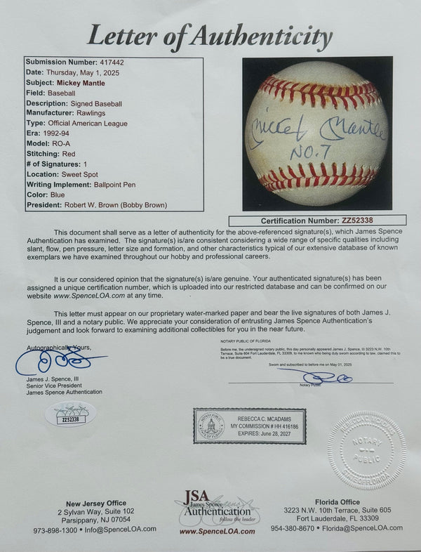 Mickey Mantle No.7 Autographed Official American League Baseball (JSA/UDA)