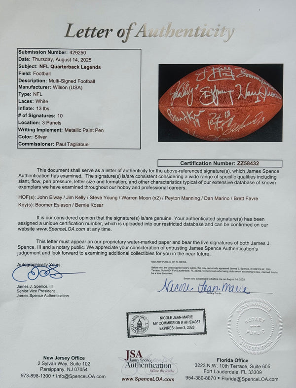 NFL Quarterback Legends Autographed Official Wilson Football (JSA)