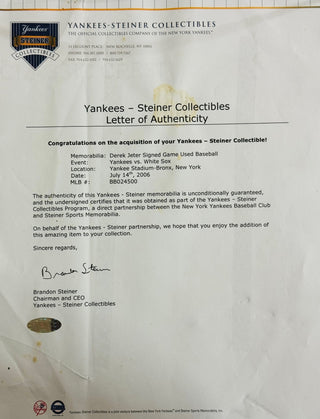 Derek Jeter Autographed Game Used Baseball Shadowbox (Steiner & MLB)
