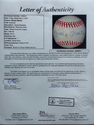 Mickey Mantle Autographed Official American League Baseball (JSA)
