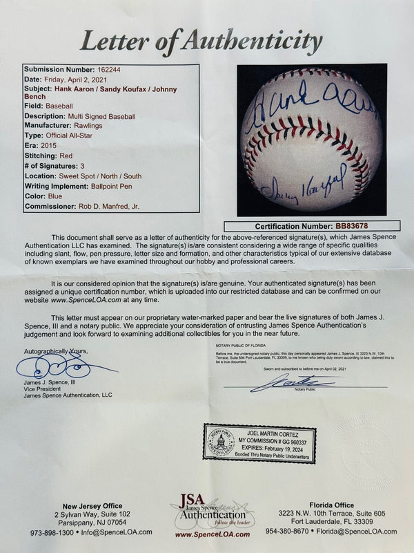 Hank Aaron Sandy Koufax Johnny Bench Signed 2015 All Star Game Baseball (JSA)