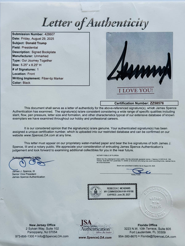 Donald Trump Autographed Our Journey Together Framed Bookplate (JSA)