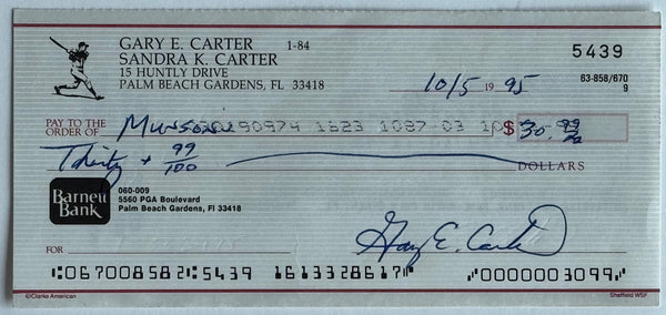 Gary Carter Autographed Cancelled Check
