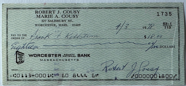Bob Cousy Autographed Cancelled Check