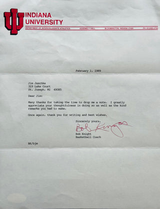Bobby Knight Autographed Indiana University Letter (JSA)