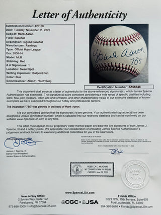 Hank Aaron 755 Autographed Official Major League Baseball (JSA)