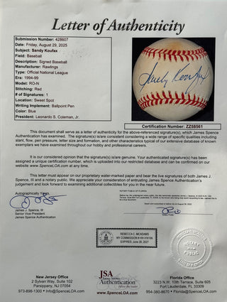 Sandy Koufax Autographed Official National League Baseball (JSA)