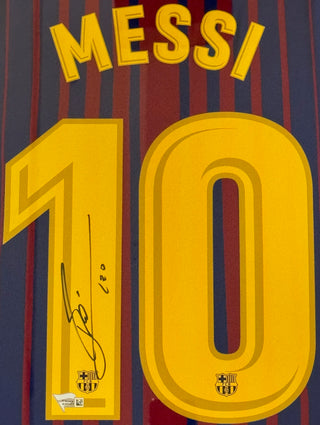 Lionel Messi Autographed Barcelona Home Kit Framed Jersey (Fanatics)