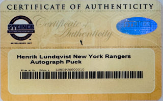 Henrik Lundqvist Autographed Rangers Logo Puck (Steiner)