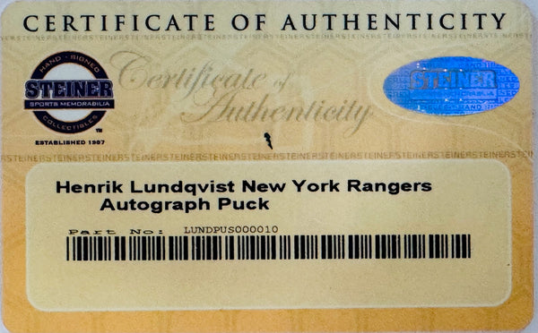 Henrik Lundqvist Autographed Rangers Logo Puck (Steiner)