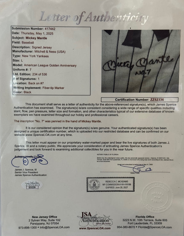 Mickey Mantle "No 7" Signed Mitchell & Ness Cooperstown Yankees Framed Jersey (JSA)