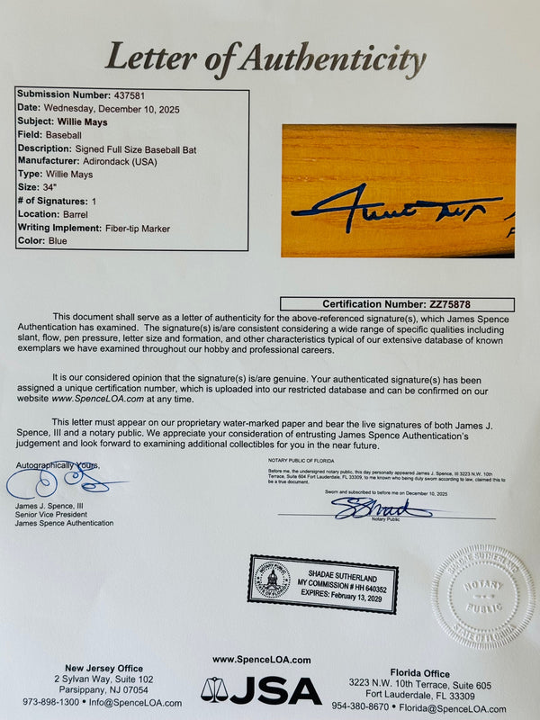 Willie Mays Autographed Adirondack 302 Bat (JSA)