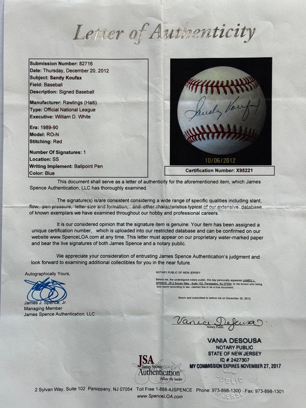 Sandy Koufax Autographed Official National League Baseball (JSA)