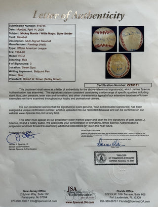 Mickey Mantle Willie May Duke Snider Signed Official American League Baseball (JSA)