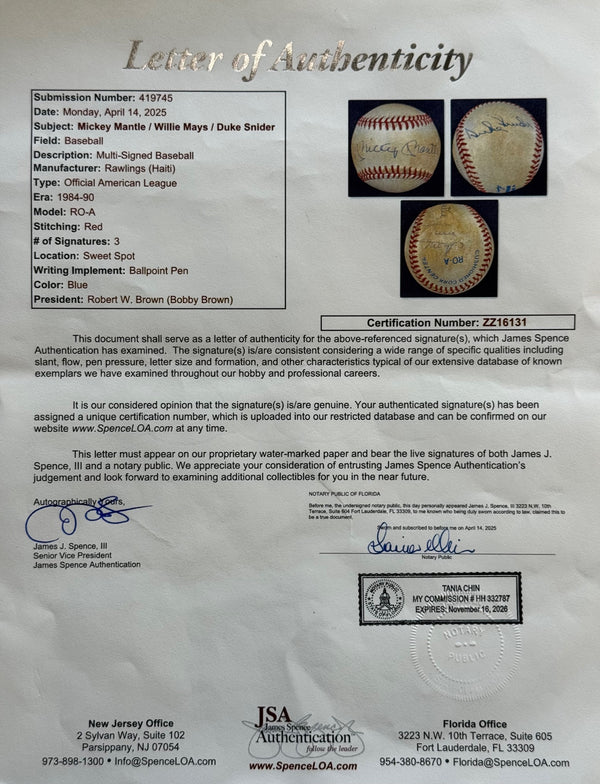 Mickey Mantle Willie May Duke Snider Signed Official American League Baseball (JSA)