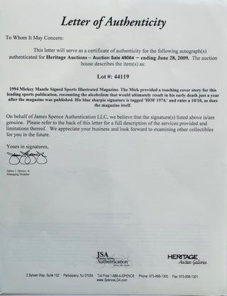 Mickey Mantle Autographed Sports Illustrated April 18 1994 (JSA)