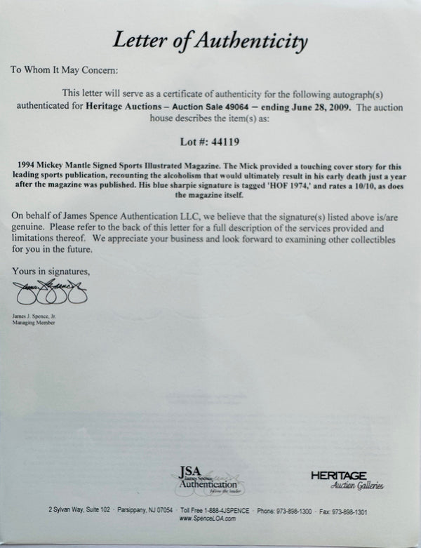 Mickey Mantle Autographed Sports Illustrated April 18 1994 (JSA)