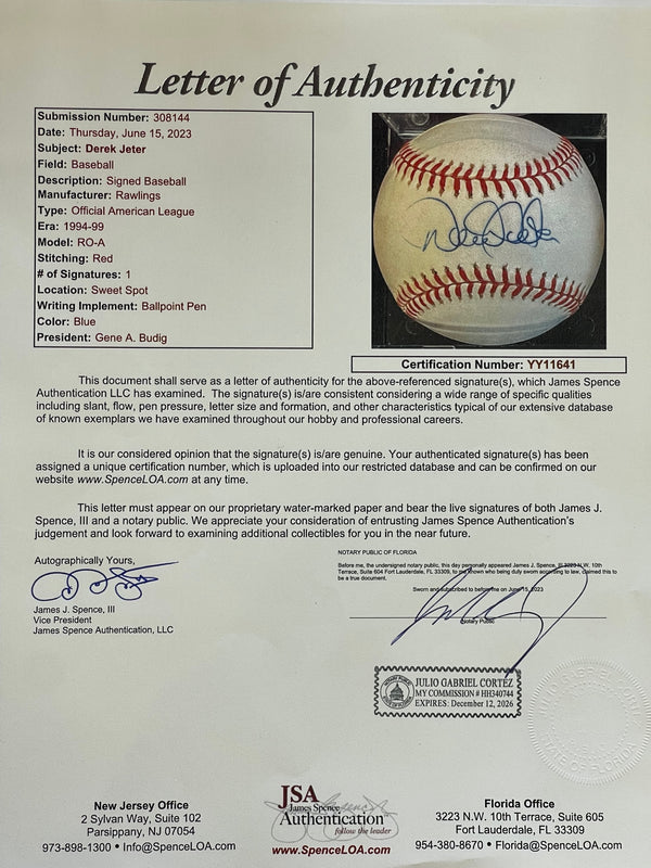 Derek Jeter Autographed Official American League Gene Budig Baseball (JSA)