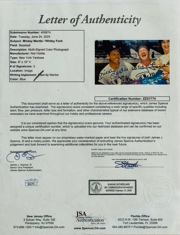 Mickey Mantle & Whitey Ford Autographed 8x10 Framed Baseball Photo (JSA)