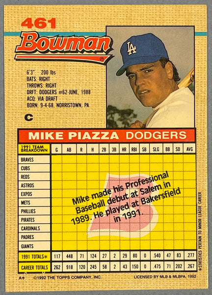 Mike Piazza Los Angeles Dodgers 1992 Bowman # 461 Rookie Card