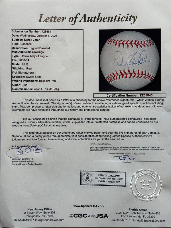 Derek Jeter Autographed Official Major League Baseball (JSA/Steiner)