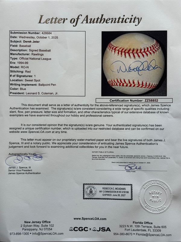 Derek Jeter Autographed Official National League Baseball (JSA)