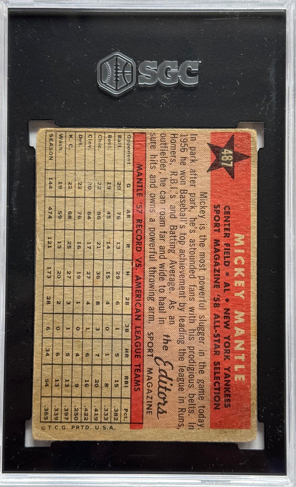 Mickey Mantle 1958 Topps All-Star #487 SGC Graded 2