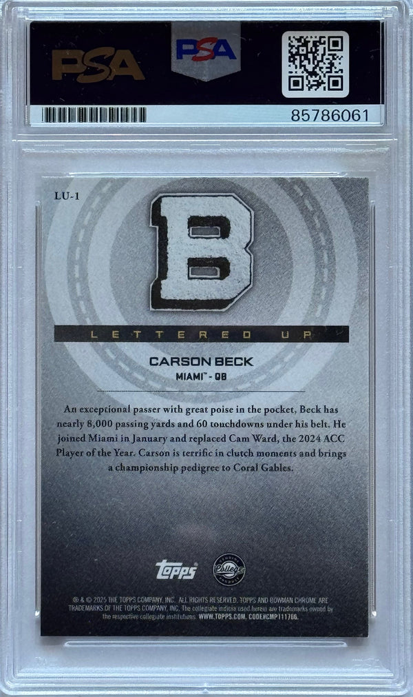 Carson Beck 2025 Bowman Chrome U Autographed Miami Hurricanes Card LU-1 (PSA)