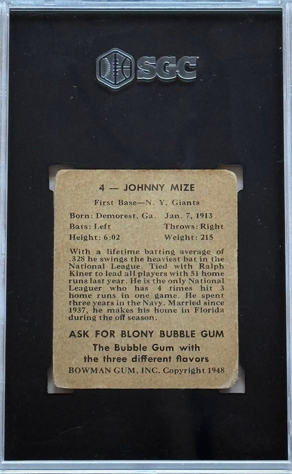 Johnny Mize 1948 Bowman Card #4 SGC 1.5