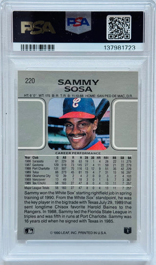 Sammy Sosa Autographed 1990 Leaf Rookie Card #220 PSA