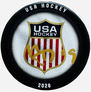 Matthew Tkachuk Signed Team USA Hockey Logo Puck (JSA Witness)