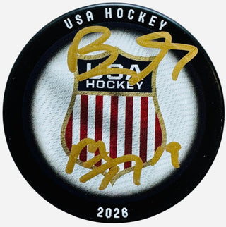 Matthew & Brady Tkachuk Signed Team USA Hockey Logo Puck (JSA Witness)