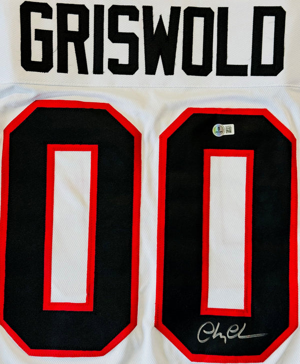 Chevy Chase Autographed Clark Griswold Blackhawks Custom Jersey (Beckett)