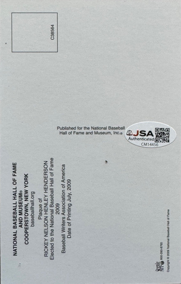 Rickey Henderson Autographed Hall of Fame Plaque Postcard (JSA)