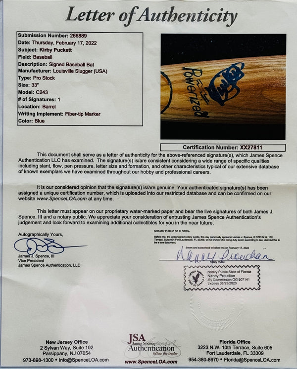 Kirby Puckett Autographed Louisville Slugger C243 Bat (JSA)