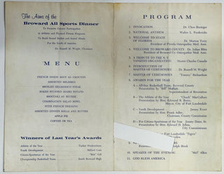 1962 New York Yankees Broward All Sports Dinner Menu