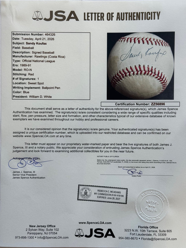 Sandy Koufax Autographed Official National League Baseball (JSA)