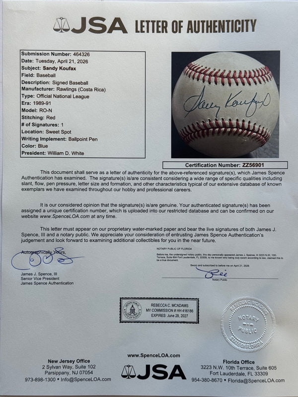 Sandy Koufax Autographed Official National League Baseball (JSA)