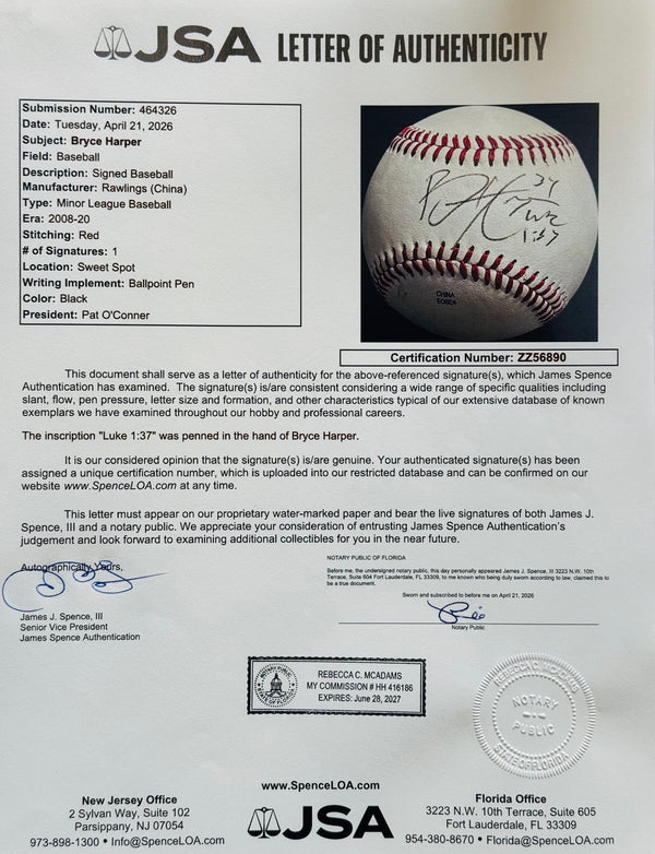 Bryce Harper Autographed Official Minor League Baseball (JSA)
