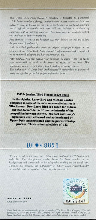 Michael Jordan & Larry Bird Autographed 16x20 Framed Photo L.E.45/ 123 (UDA)