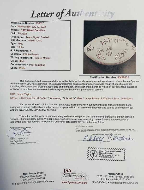 1997 Miami Dolphins Autographed Wilson White Panel Football (JSA)