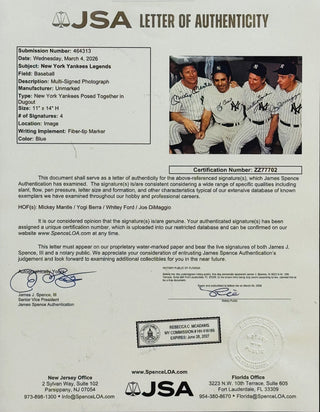Mickey Mantle Yogi Berra Whitey Ford & Joe DiMaggio Signed 11x14 Framed Photo (JSA)