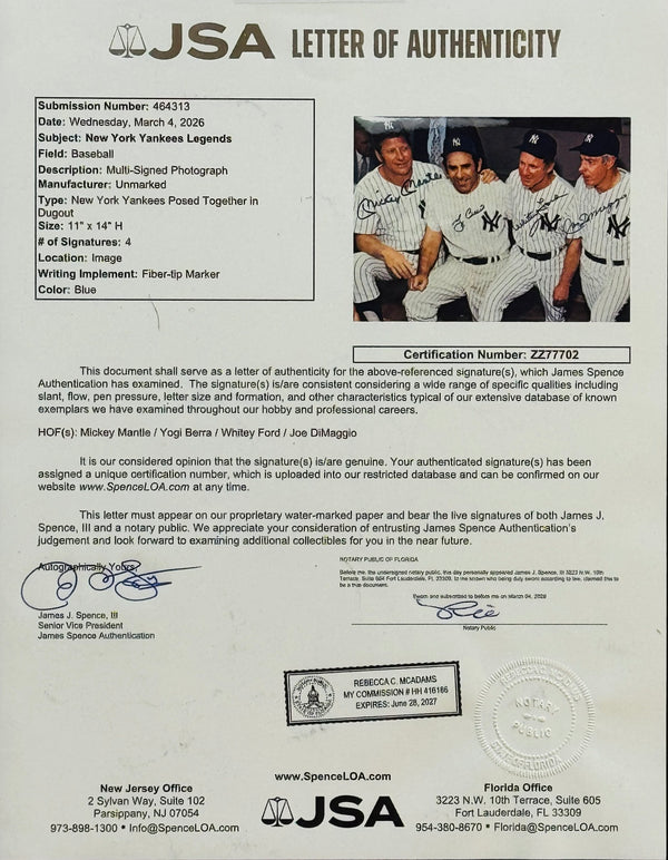 Mickey Mantle Yogi Berra Whitey Ford & Joe DiMaggio Signed 11x14 Framed Photo (JSA)