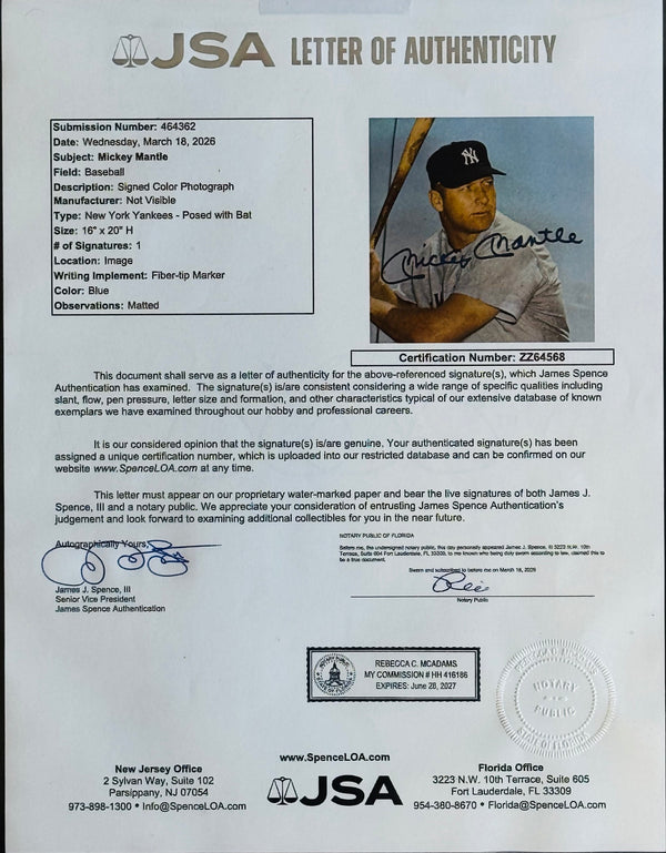 Mickey Mantle Autographed New York Yankees Framed 16x20 Photo (JSA)