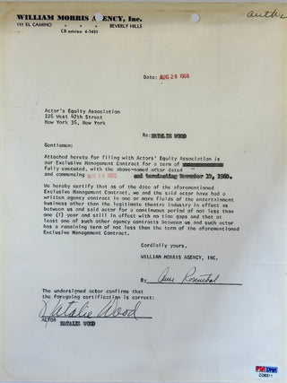Natalie Wood Autographed William Morris Agency Inc Contract (PSA)