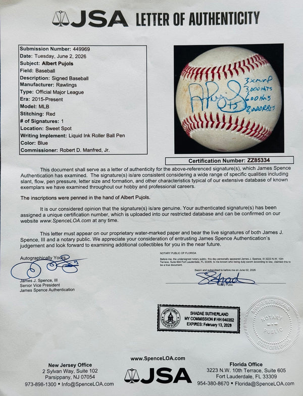 Albert Pujols Autographed Game Used Official Major League Baseball (JSA)