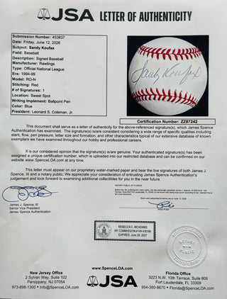 Sandy Koufax Autographed Official National League Baseball (JSA)