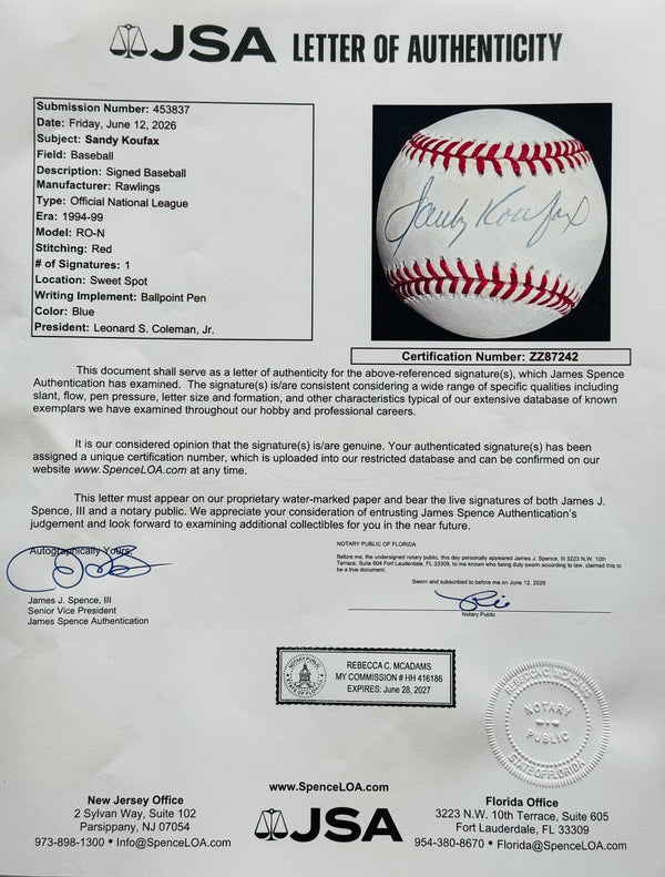 Sandy Koufax Autographed Official National League Baseball (JSA)