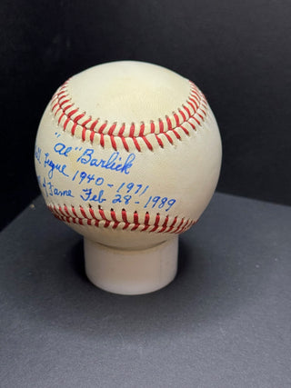 Al Barlick "Natl league 1940-1971 Hall of fame Feb 28 1989" Autographed Official Major League Baseball (JSA)